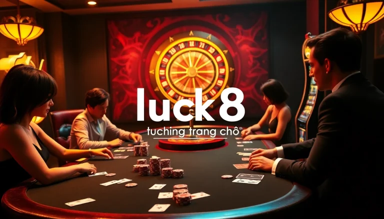 Engage in thrilling online betting at luck8 trang chủ with an elegant casino scene showcasing poker and roulette.