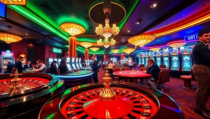 Experience the thrill of gambling at 388bet with vibrant casino tables and excited players.