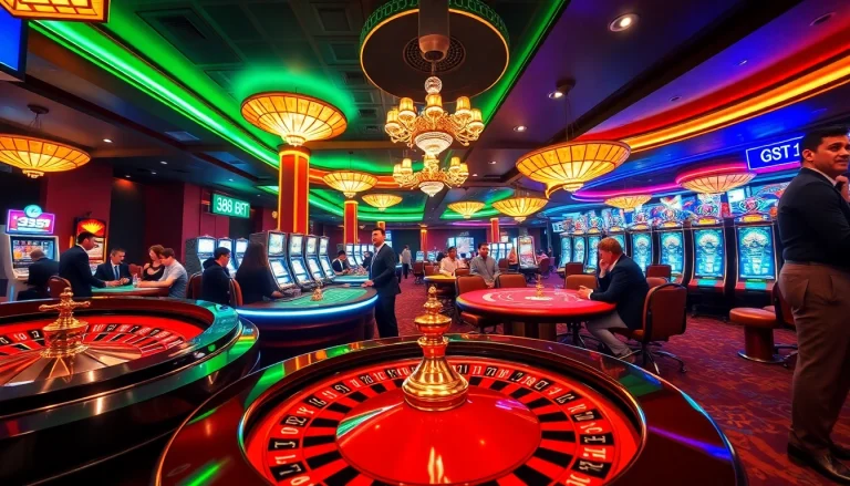 Experience the thrill of gambling at 388bet with vibrant casino tables and excited players.