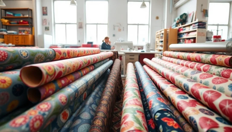 Beeld van bedrukte katoenen stoffen in een vrolijke stoffenwinkel met kleurrijke ontwerpen.