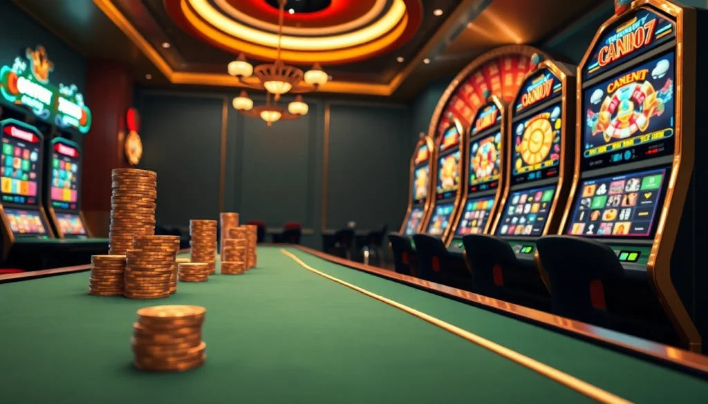 Engaging players at igamble247 with a luxurious virtual casino, featuring poker chips and slot machines.