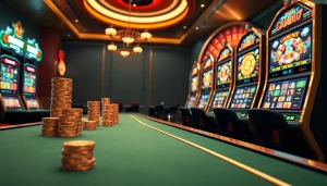 Engaging players at igamble247 with a luxurious virtual casino, featuring poker chips and slot machines.