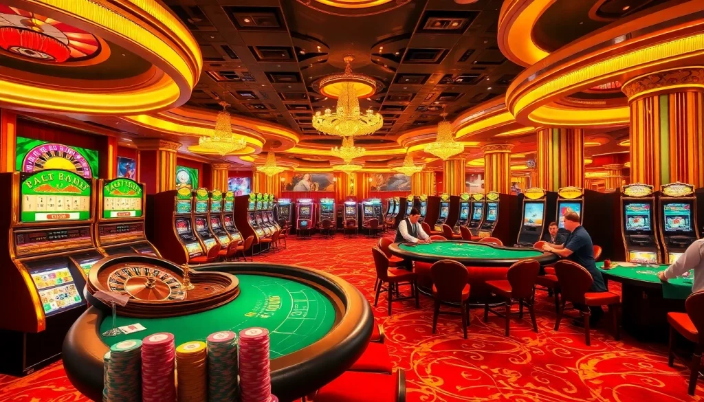 Engage in exciting gaming activities at i9bet com, featuring vibrant casino elements like roulette wheels and poker tables.