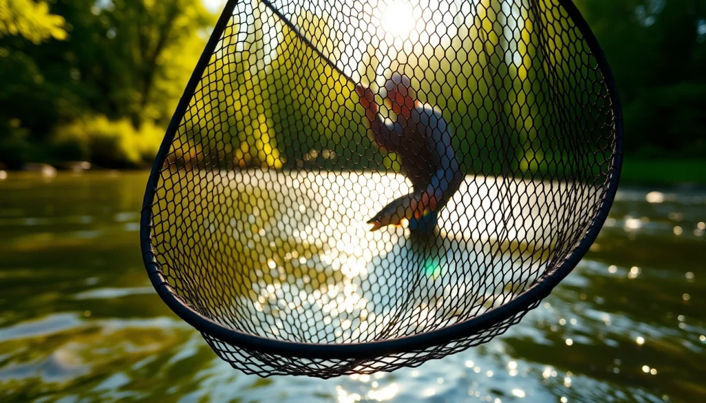 Using a fly fishing net to catch fish in a peaceful river, showcasing its detailed mesh.