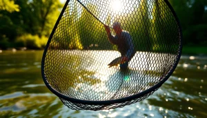 Using a fly fishing net to catch fish in a peaceful river, showcasing its detailed mesh.