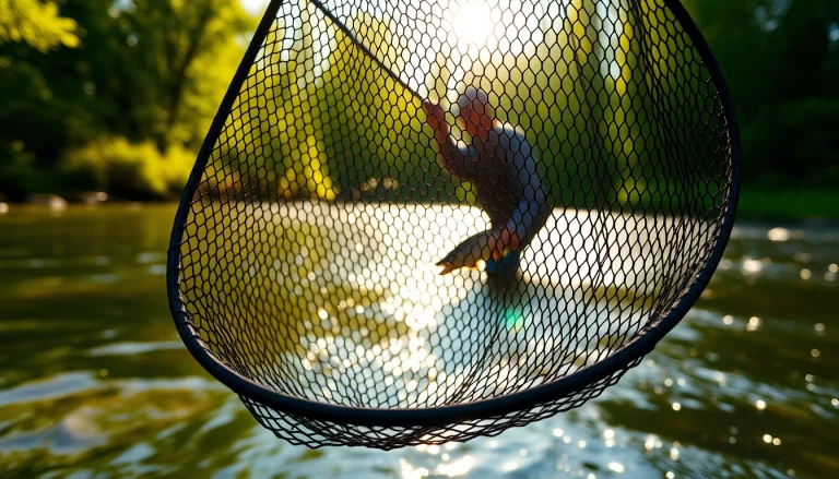 Using a fly fishing net to catch fish in a peaceful river, showcasing its detailed mesh.