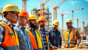 Construction association workers collaborating at a bustling site, emphasizing teamwork and safety.