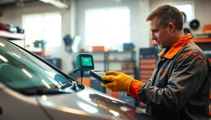 Mechanic performing a Smog Test on a vehicle in a bright, organized garage.