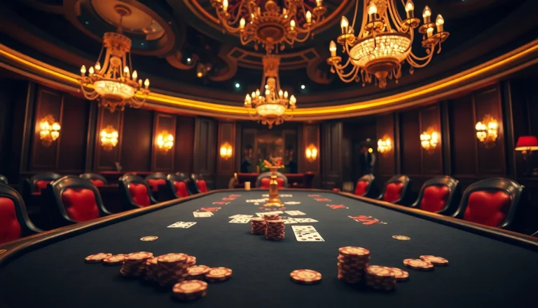 Experience high-stakes action at https://mm88.co.in/ with a luxurious poker table scene featuring chips and cards.