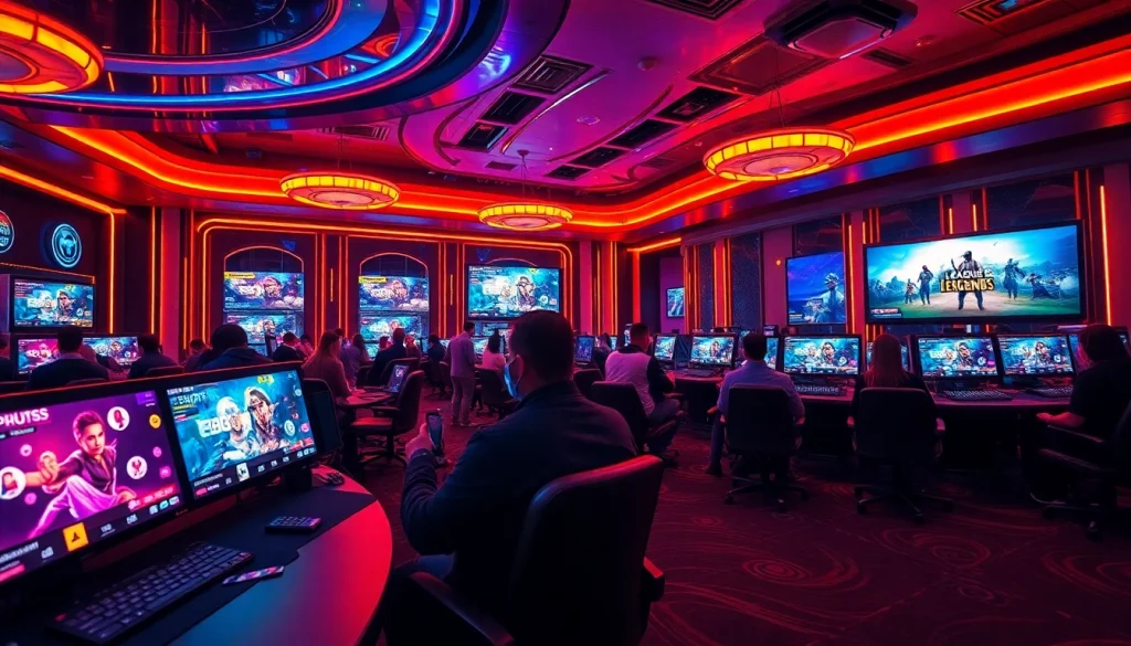 Engage in Trực tiếp Esport with a vibrant esports gaming setup in a luxurious casino atmosphere.