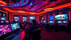Engage in Trực tiếp Esport with a vibrant esports gaming setup in a luxurious casino atmosphere.