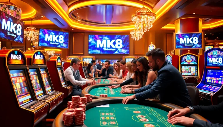Experience the thrill of MK8 betting at a vibrant casino table with players and chips.