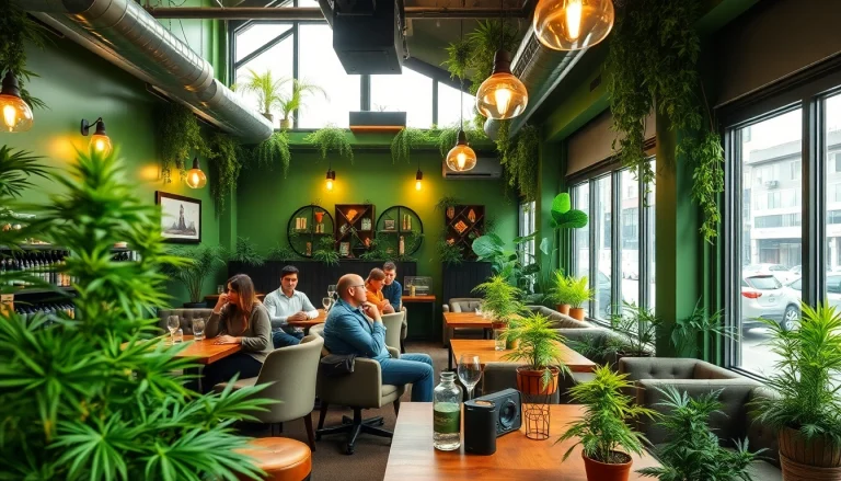 Friends enjoying their time at Green Guyz cannabis club madrid with inviting decor and lush greenery.