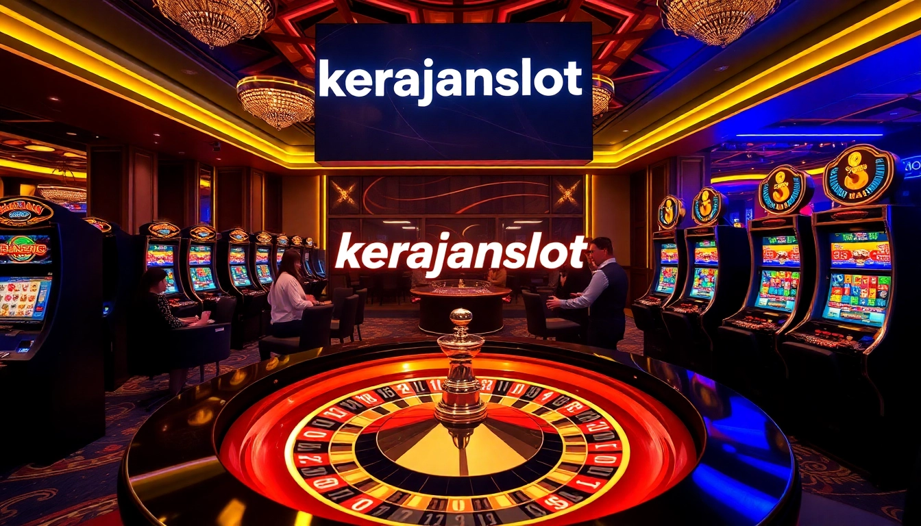 Engage with kerajaanslot in a vibrant casino scene featuring roulette and slot machines.