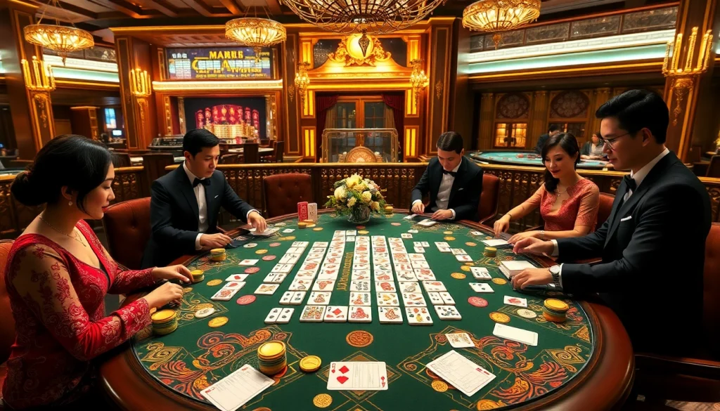 Players engaging in Mahjong Ways 2 at a luxurious casino table adorned with vibrant tiles and poker chips.