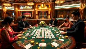 Players engaging in Mahjong Ways 2 at a luxurious casino table adorned with vibrant tiles and poker chips.