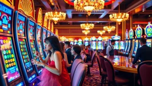 Adegan menarik para pemain yang menikmati mesin slot Depo 5K di kasino mewah.