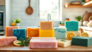 Showcasing customized soap bars with vibrant colors and unique designs on a kitchen countertop.