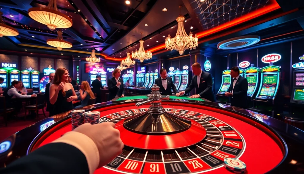 Players winning at the NK88 roulette table in an extravagant casino.