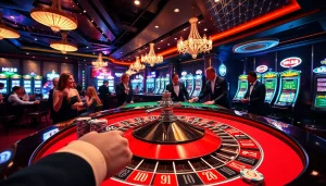 Players winning at the NK88 roulette table in an extravagant casino.