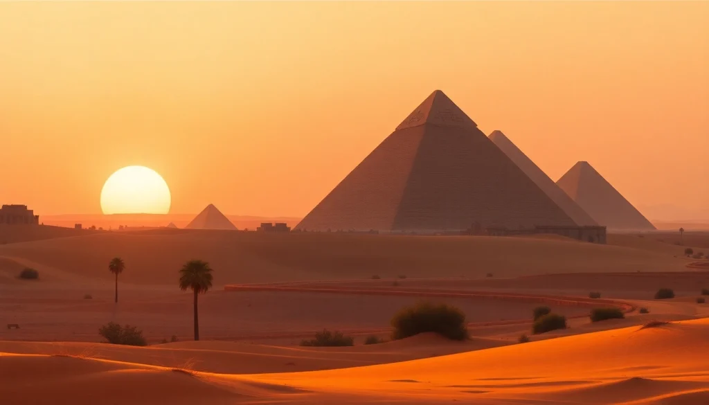 View of the ancient piraminds with warm sunrise lighting, showcasing their grandeur and history.