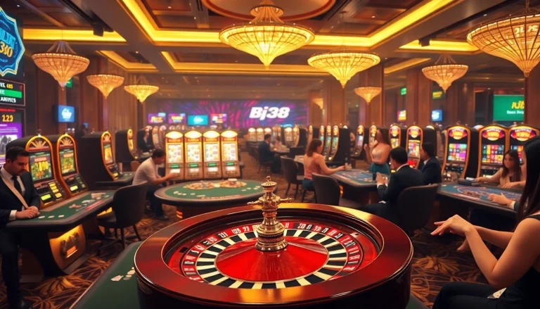 Interact with the BJ38 platform on a luxurious casino floor, featuring vibrant games and professional dealers.