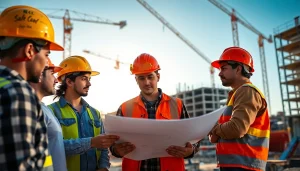 Engaged construction apprenticeships carolinas collaborating on-site with tools and blueprints.