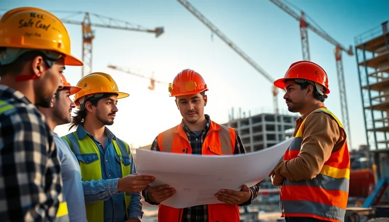 Engaged construction apprenticeships carolinas collaborating on-site with tools and blueprints.