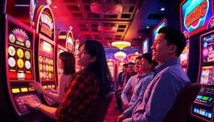 Cảnh hấp dẫn của người chơi tận hưởng máy AX88 trong không khí casino sống động.