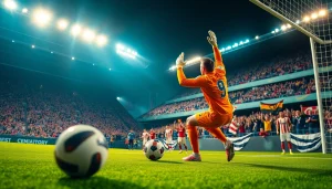 Goalkeeper in a thrilling bola wan nii match, diving to make a sensational save amidst an energizing stadium crowd.