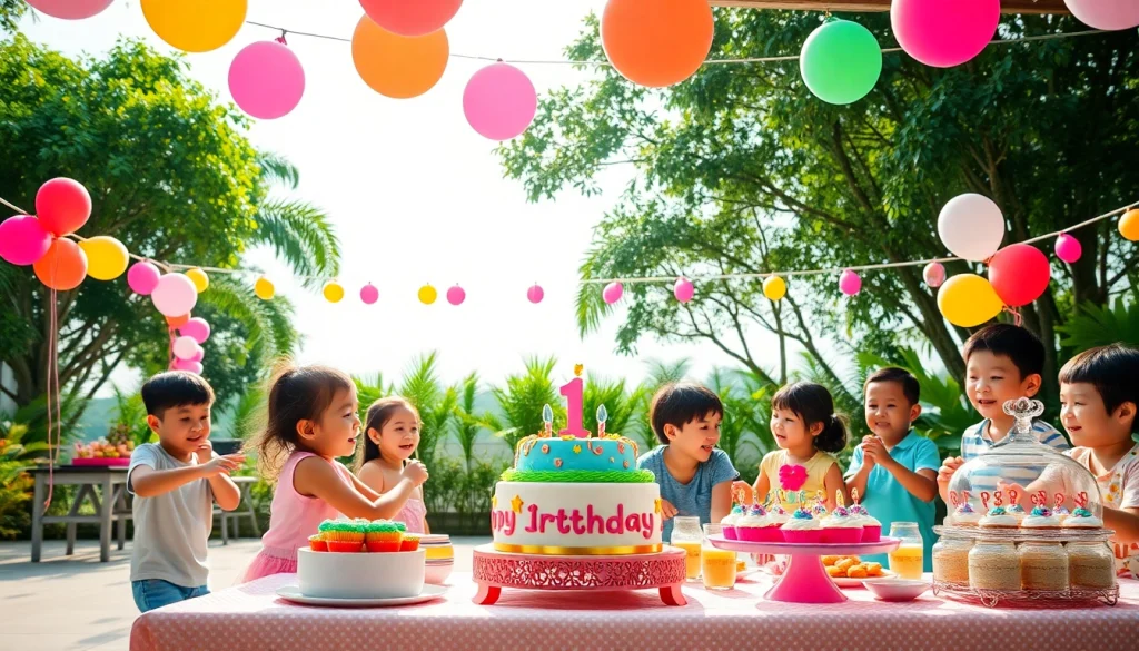 Celebrate a lively Singapore birthday party with vibrant decorations and joyful children playing.