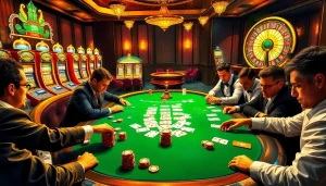 Visualize a thrilling casino poker scene with players excitedly preparing to deposit 1000 in chips for their next round.