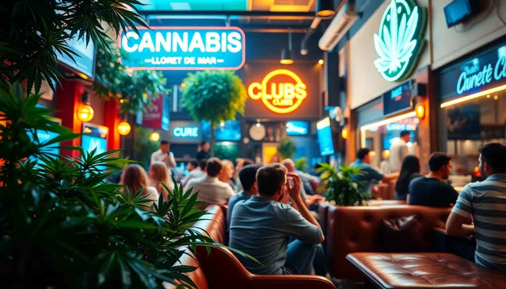 Besucher genießen Cannabis Clubs Lloret De Mar in einer lebendigen Umgebung mit gemütlichen Sitzgelegenheiten.