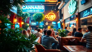 Besucher genießen Cannabis Clubs Lloret De Mar in einer lebendigen Umgebung mit gemütlichen Sitzgelegenheiten.