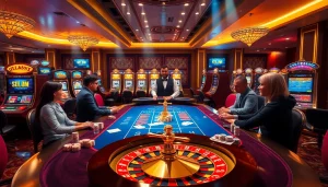 Experience the thrill of 555win com with engaged players at a luxurious casino table in a vibrant setting.
