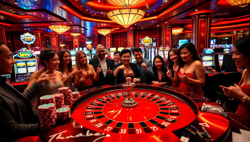 Players celebrating wins at a luxurious thabet com casino setting filled with roulette and slot machines.