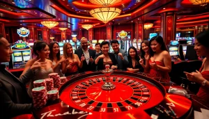 Players celebrating wins at a luxurious thabet com casino setting filled with roulette and slot machines.