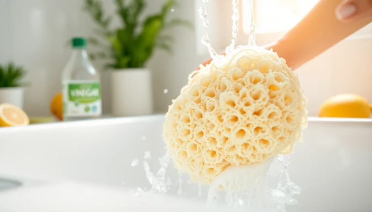 Learn how to clean a loofah naturally in a bright kitchen setting, showcasing eco-friendly supplies.