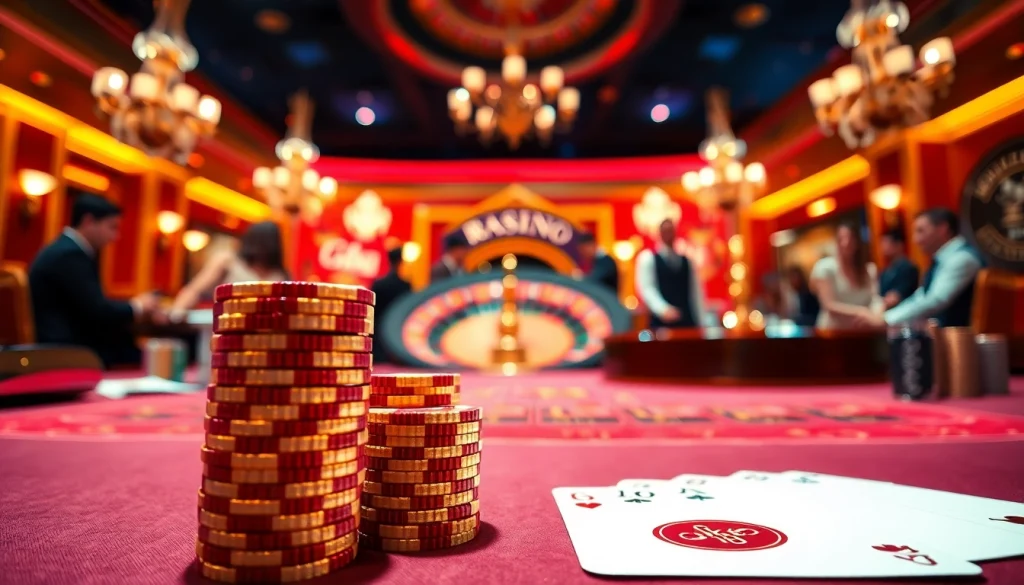 Experience thrilling gameplay at the GK88 casino table featuring vibrant chips and dazzling cards.
