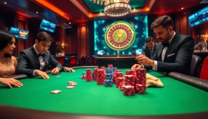 Players engage in high-stakes poker at Man88, surrounded by vibrant casino elements and excitement.