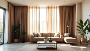Verduisterende gordijnen in een moderne woonkamer die elegantheid en stijl uitstralen.