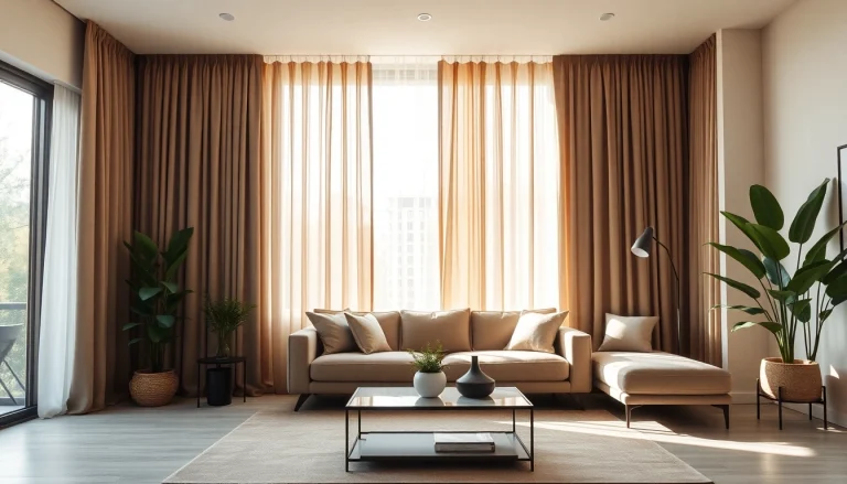 Verduisterende gordijnen in een moderne woonkamer die elegantheid en stijl uitstralen.