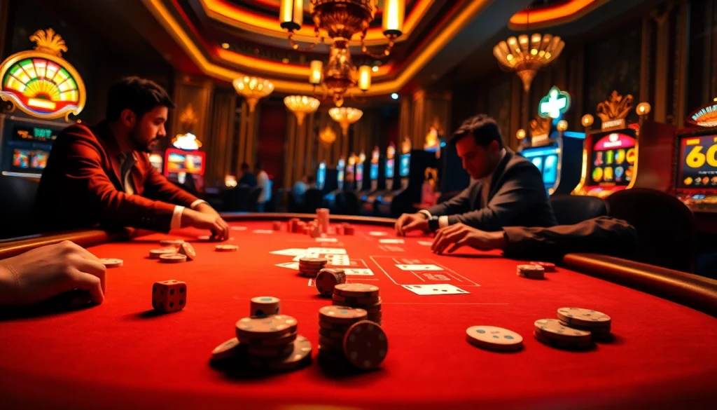 An engaging casino scene showcasing players enjoying gambling games at https://88t.art/ with cards, dice, and chips.