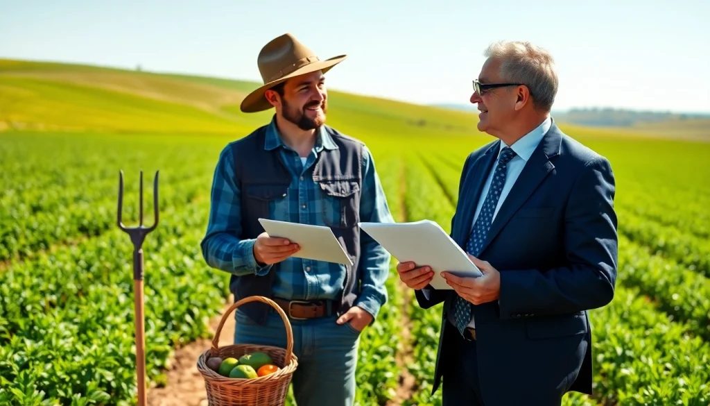 Engaging attorney discussing agriculture law with a farmer in a bright outdoor setting.