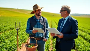 Engaging attorney discussing agriculture law with a farmer in a bright outdoor setting.