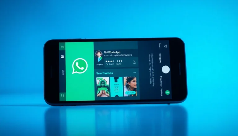 Showcasing FM WhatsApp download on a modern smartphone with vibrant themes and interface.