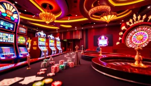 Engaging players at a UU88 casino table with vibrant slot machines in a luxurious setting.