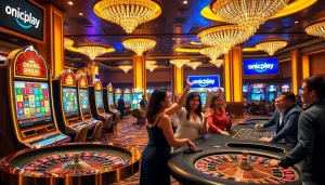 Experience the thrill of onicplay with vibrant casino tables, joyous gamblers, and luxurious gaming elements.