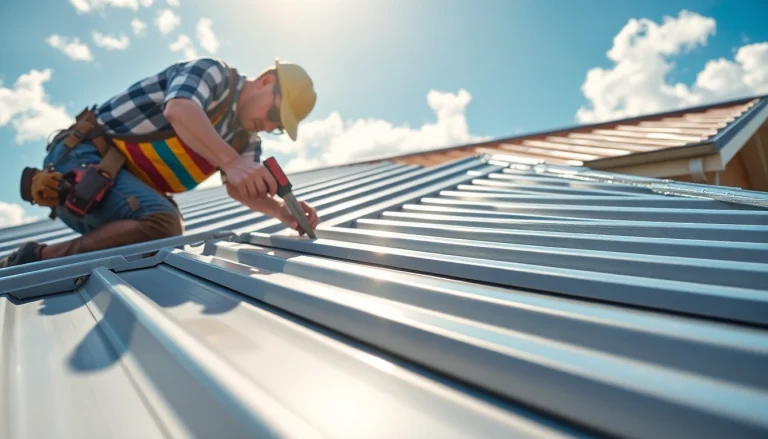 Installing a standing seam metal roof on a modern home.