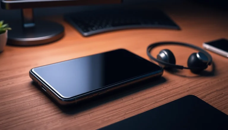 Samsung Galaxy S8 smartphone displayed elegantly on a modern desk with tech accessories.